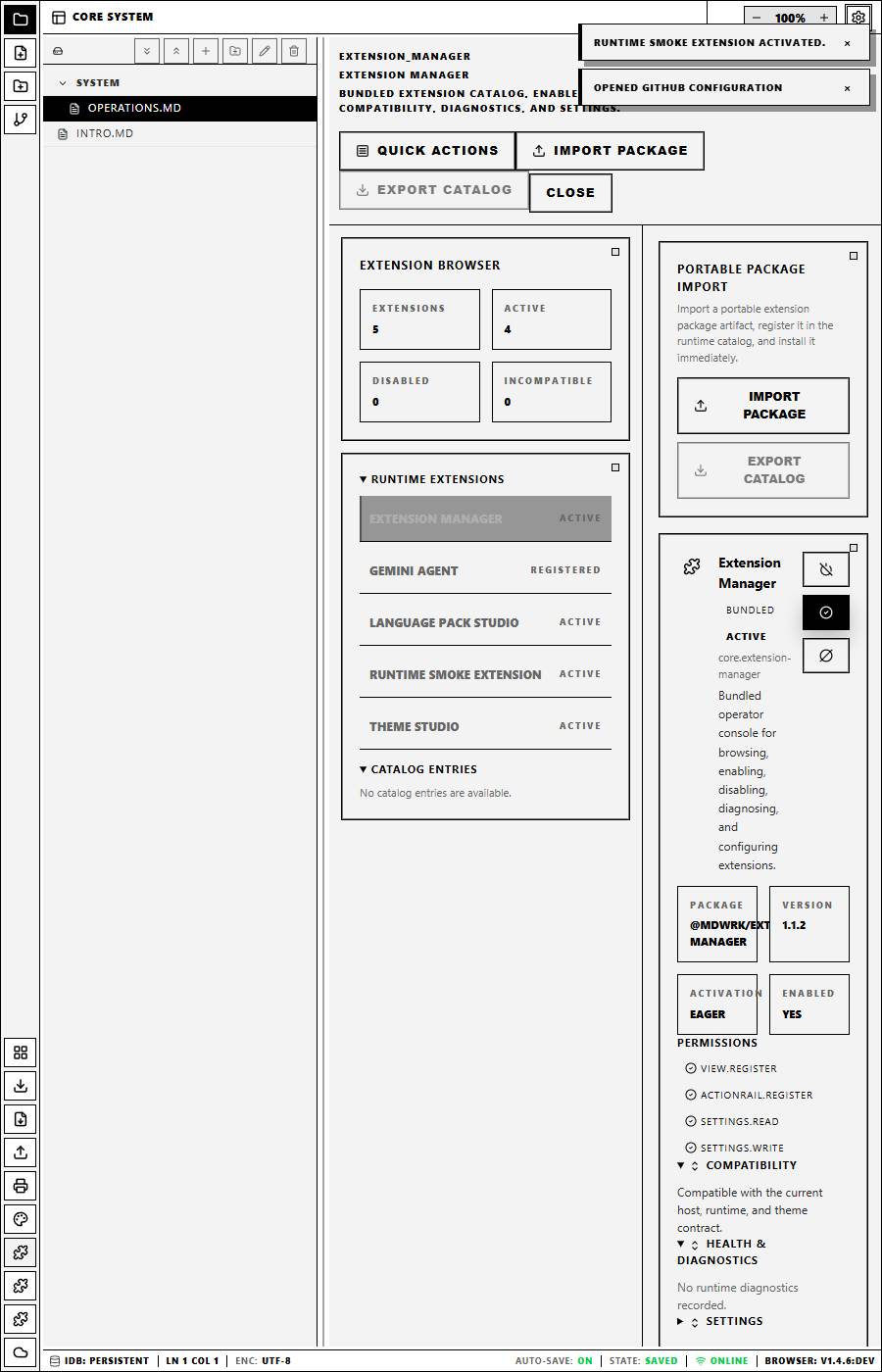 MdWrk extension manager pane inside the client workspace