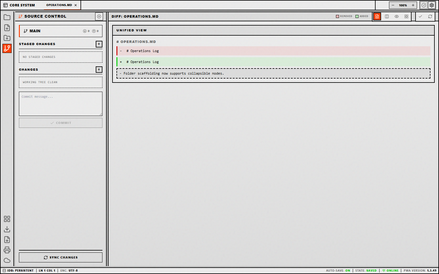 MdWrk Git pane presented as part of the workspace flow
